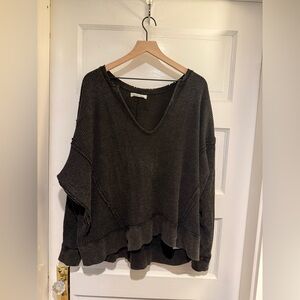 We The Free Black Oversized V-Neck Waffle Knit Sweater